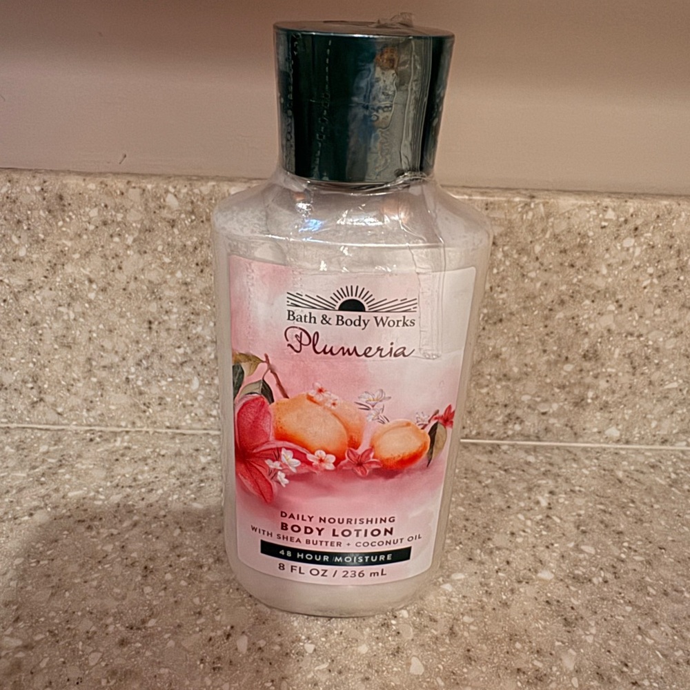Bath & Body Works Plumeria Lotion with Pink and White Design